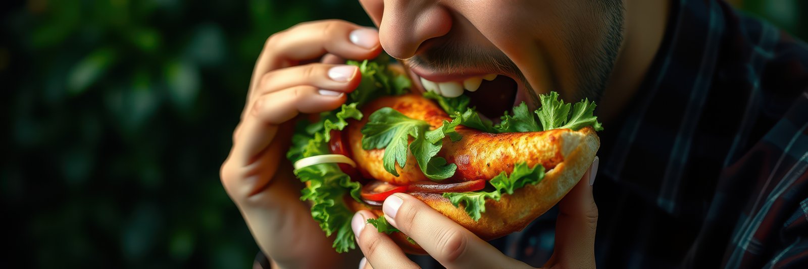 Man enjoying a large, fresh sandwich filled with vegetables and meat in a vibrant outdoor setting during the afternoon